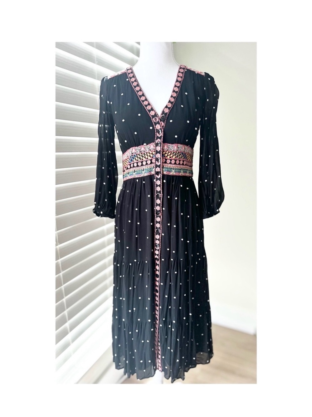 Anthropologie Black Polka Dot Midi Dress with Pink Embroidered Waistband